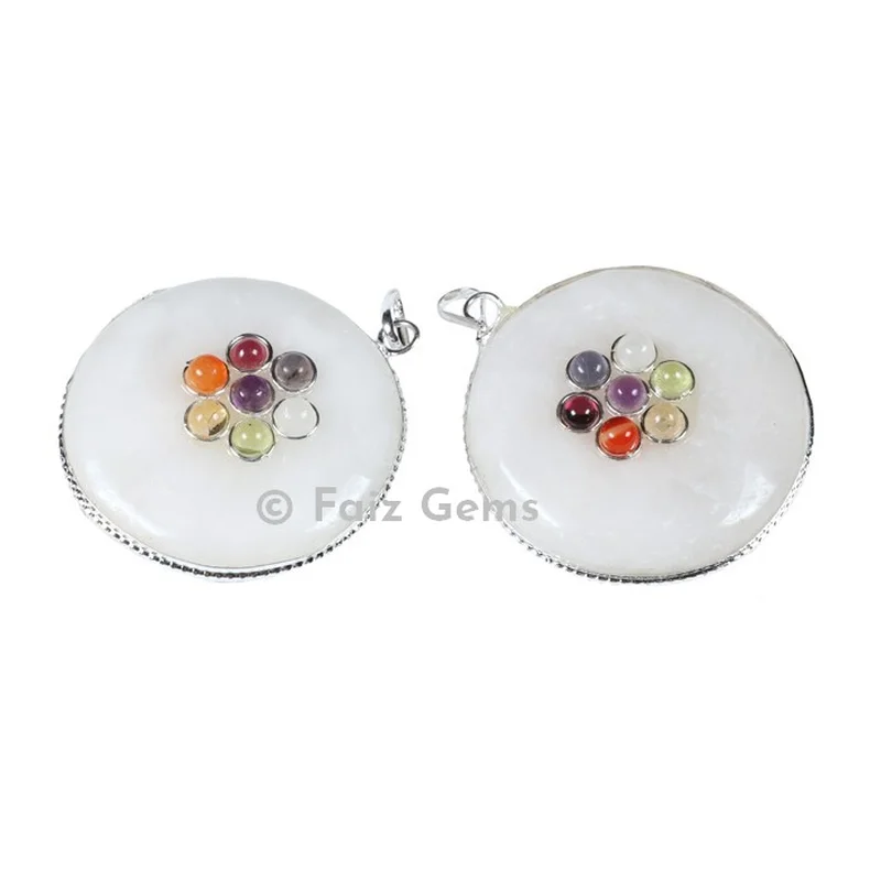 White Agate Chakra Disc Pendants