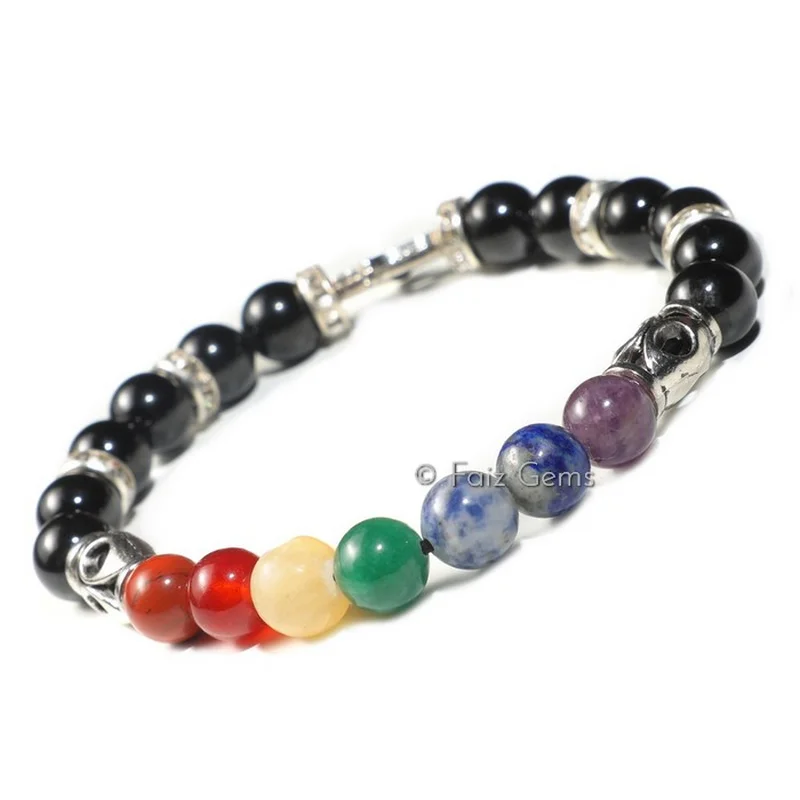 Seven Chakra Hamsa Bracelet With Black Agate