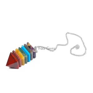 Seven Chakra Wanded Pyramid Pendulum with Silver Chain