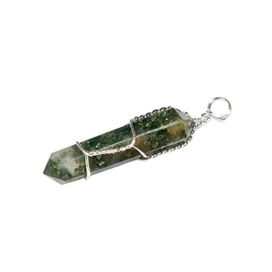 Moss Agate Terminated Wire Wrap Pencil Pendants