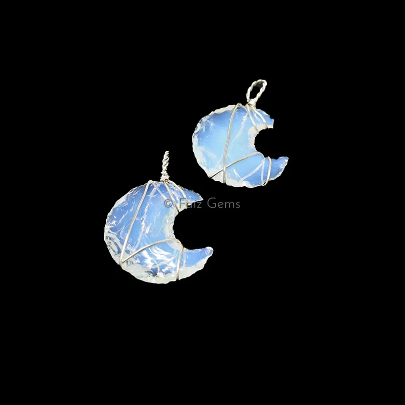 Opalite Moon Silver Wire Wraped Pendant