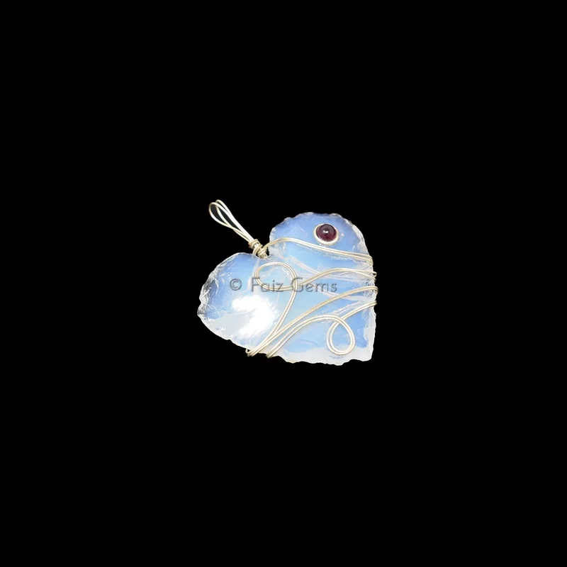 Opalite Heart Silver Wire Wrap Pendant