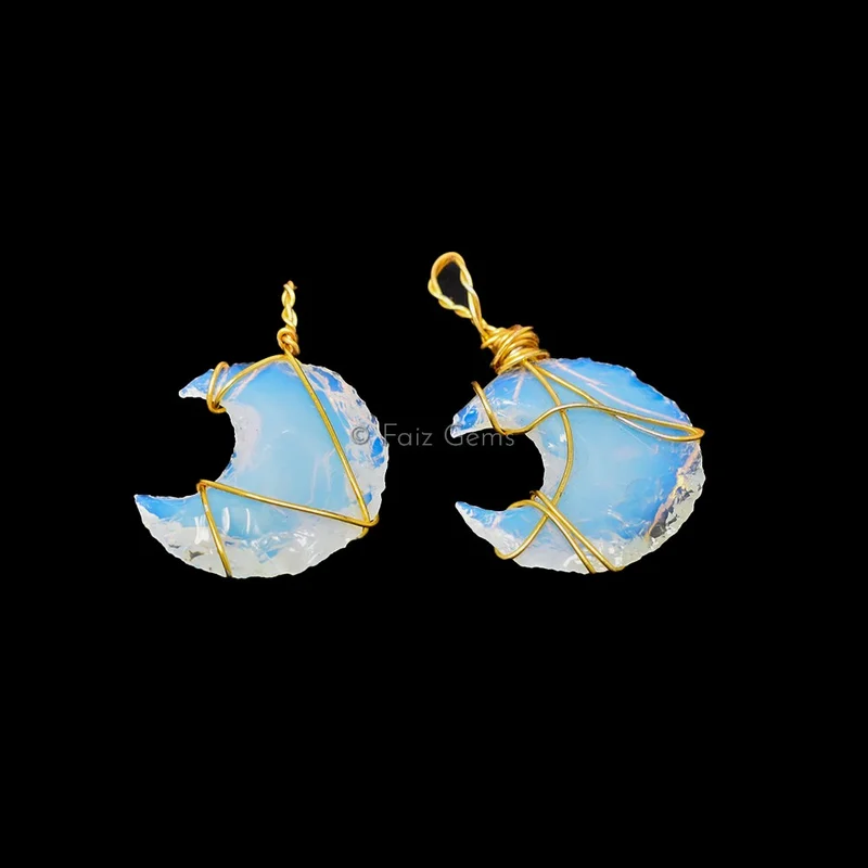 Opalite Moon Golden Wire Wrap Pendant