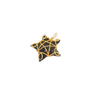 Black Obsidian Star Golden Wire Wrap Pendant