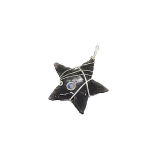 Black Obsidian Star Silver Wire Wrap Pendant