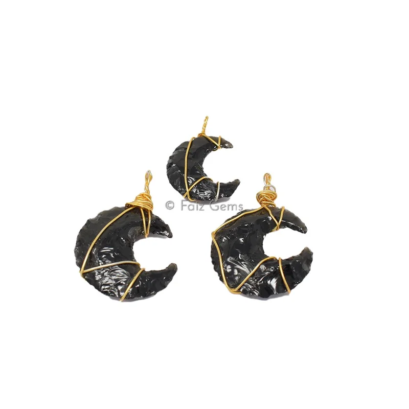 Black Obsidian Moon Golden Wire Wrap Pendant