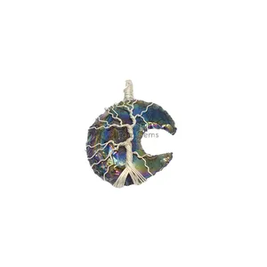Rainbow Titanium Moon Silver Wire Wrap Pendant