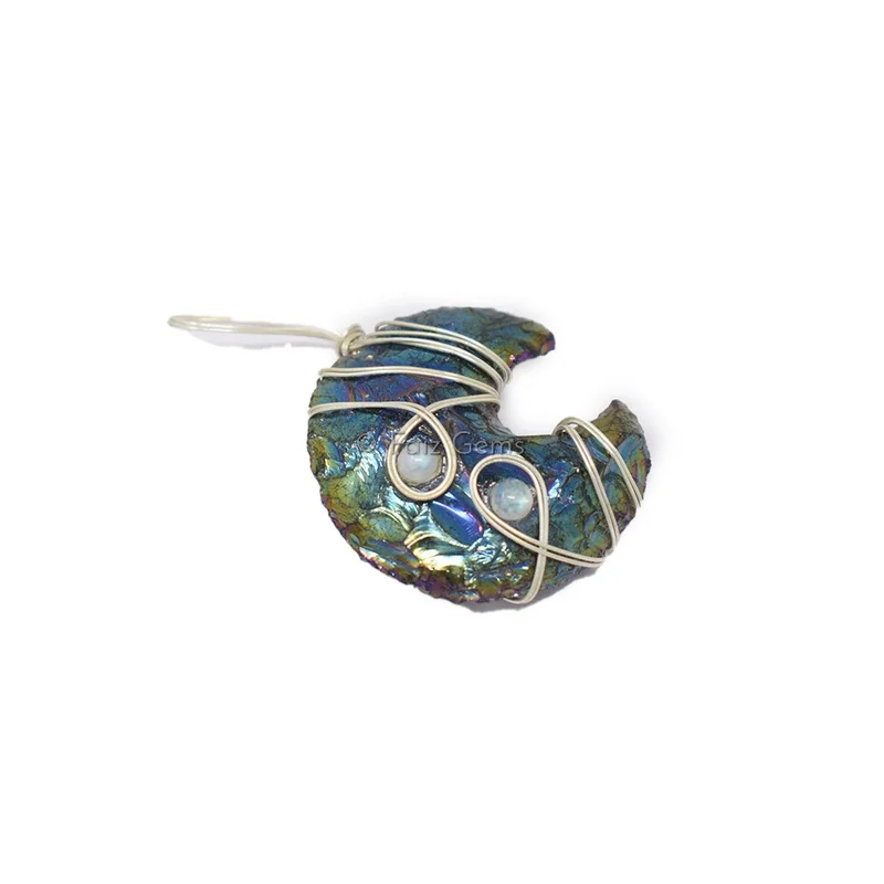 Rainbow Titanium Moon Golden Wire Wrap Pendant
