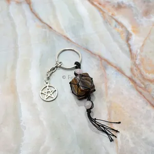 Tiger Eye Wire Wrapped With Pentagram Keychain