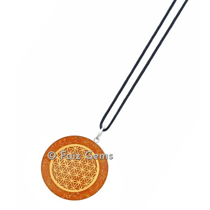 Citrine With Flower Of Life Orgonite Disc Pendants