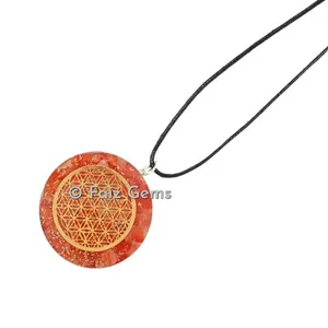 Carnelian With Flower Of Life Orgonite Disc Pendants
