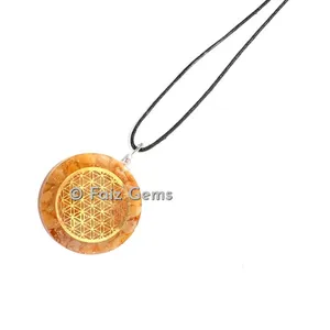 Golden Quartz With Flower Of Life Orgonite Disc Pendants