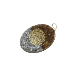 Tiger Eye with Flower of Life Oval Orgone Shaped Pendant