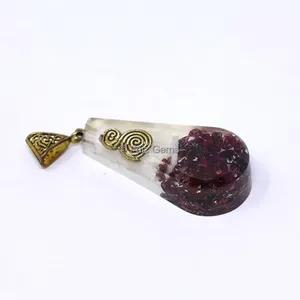 Garnet and Selenite Pear Shaped Orgone Pendant