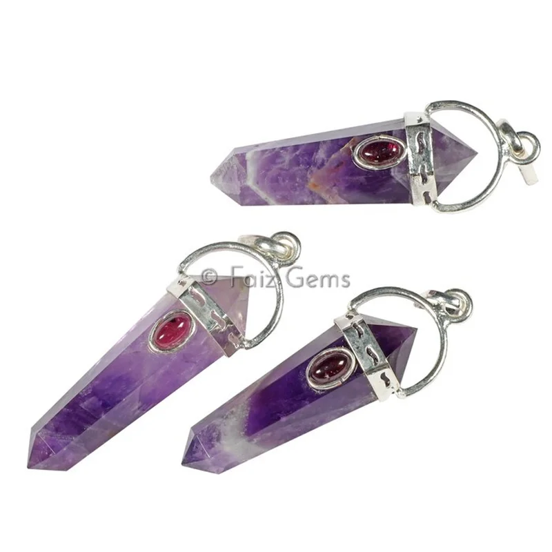 Amethyst with Garnet Pencil Cap Pendants