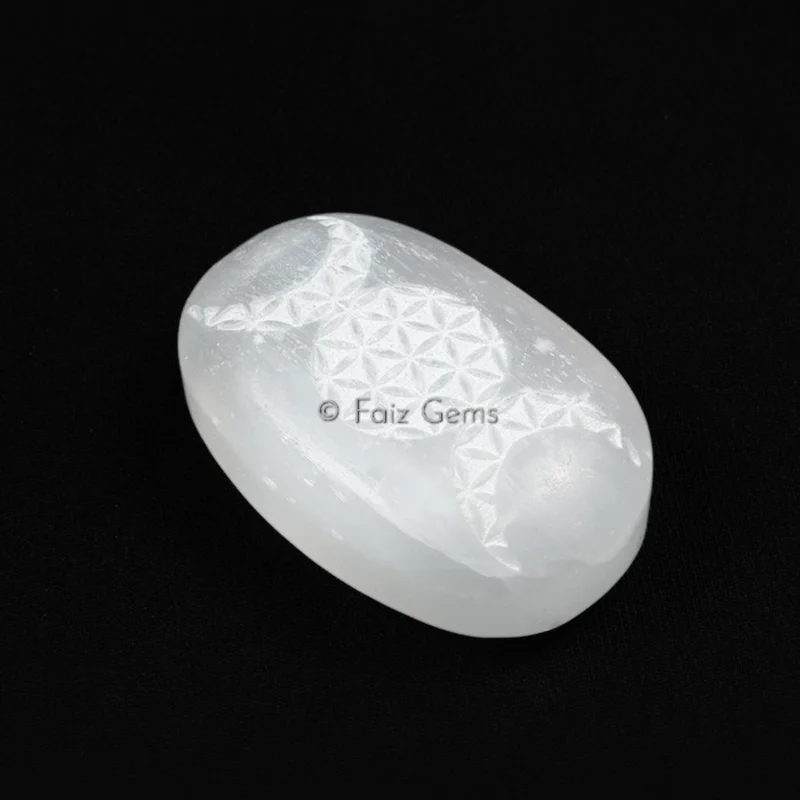Selenite Moon Flower of Life Palm Stone