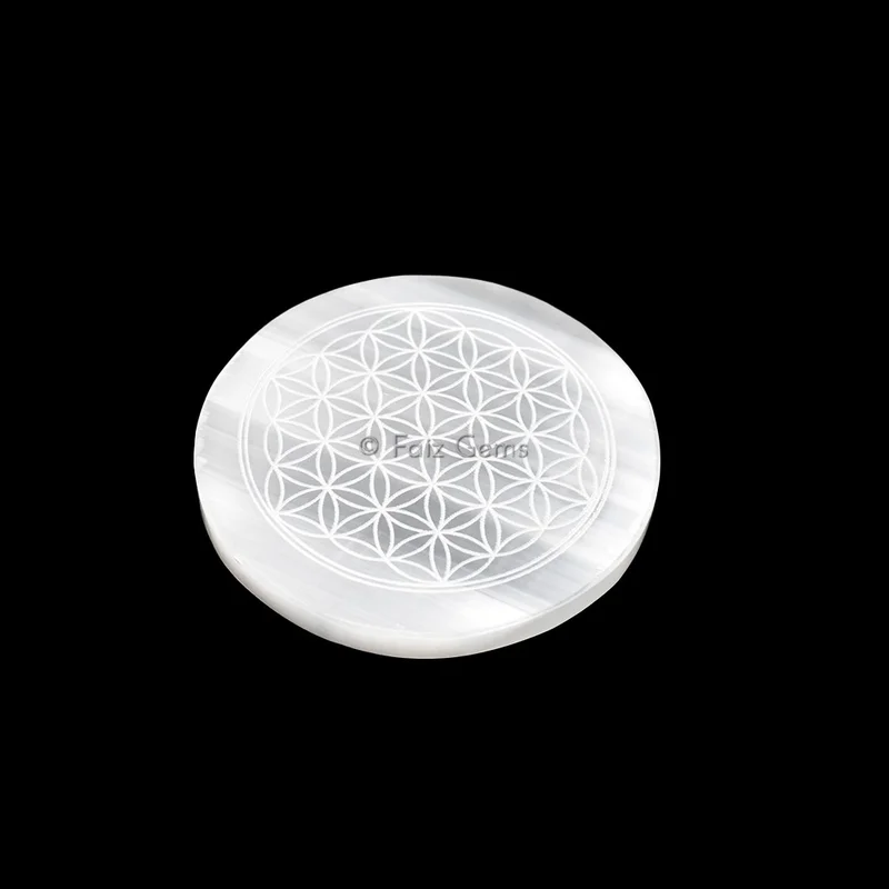 Selenite Plate With Flower Of Life Engraved