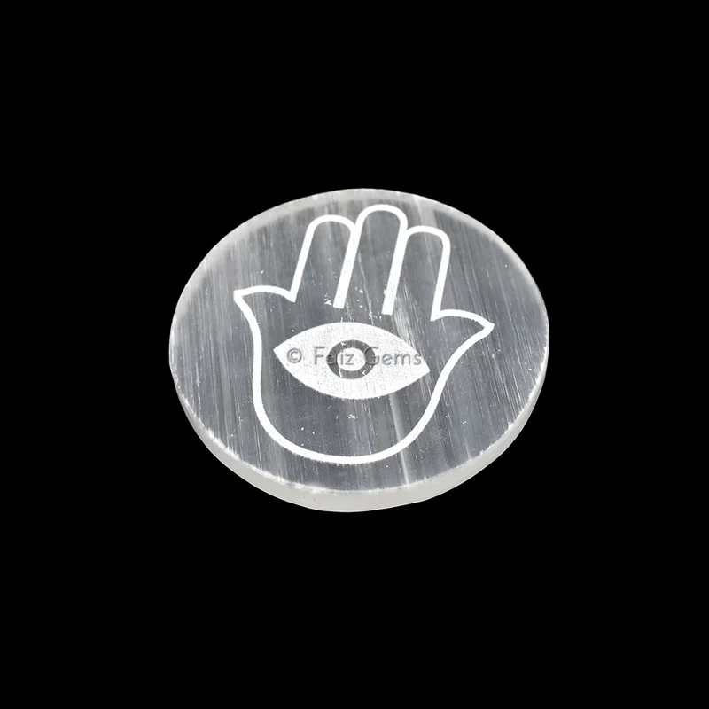 Engraved Charging Selenite Plate With Hamsa