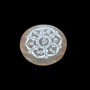 Engraved Charging Orange Selenite Plate With Om Mani Padme Hum