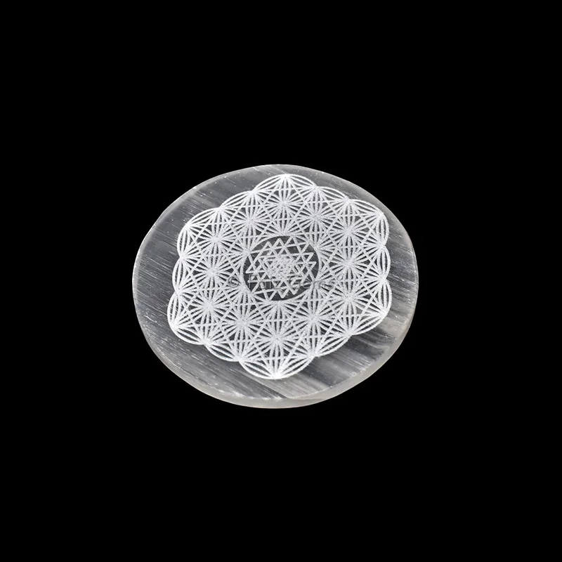 Engraved Charging Selenite Plate With Flower Of Life
