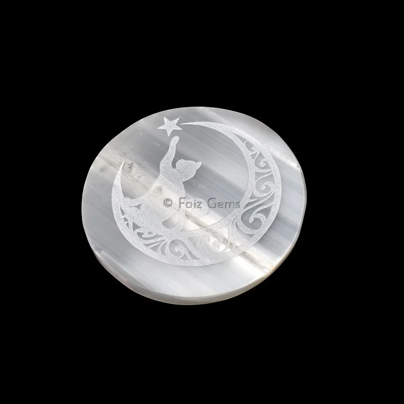 Engraved Charging Selenite Plate With Chasing Cat Symbol