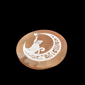 Engraved Orange Charging Selenite Plate With Chasing Cat Symbol