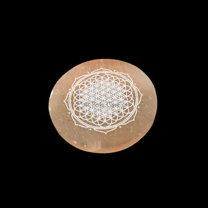 Engraved Orange Charging Selenite Plate With Flower Of Life