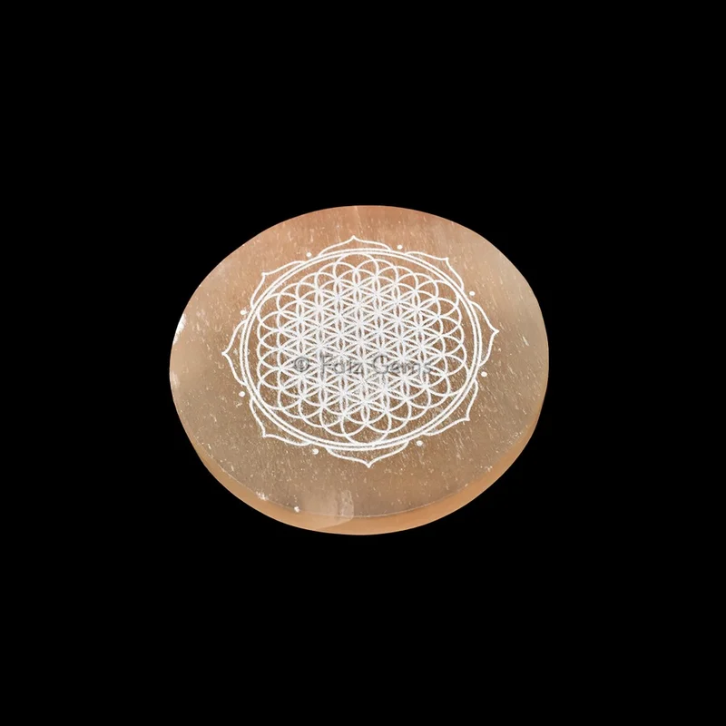 Engraved Orange Charging Selenite Plate With Flower Of Life