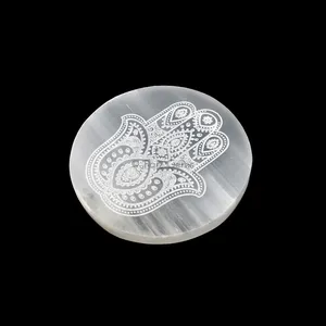 Engraved Charging Selenite Plate With Hamsa