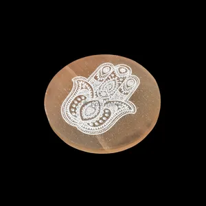 Engraved Orange Charging Selenite Plate With Hamsa