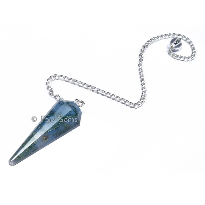 Moss Agate 12 Faceted Gemstone Pendulum