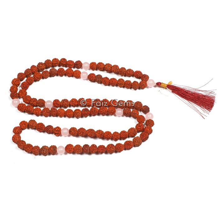 Rudraksha Rose Quartz Gemstone Japa Mala