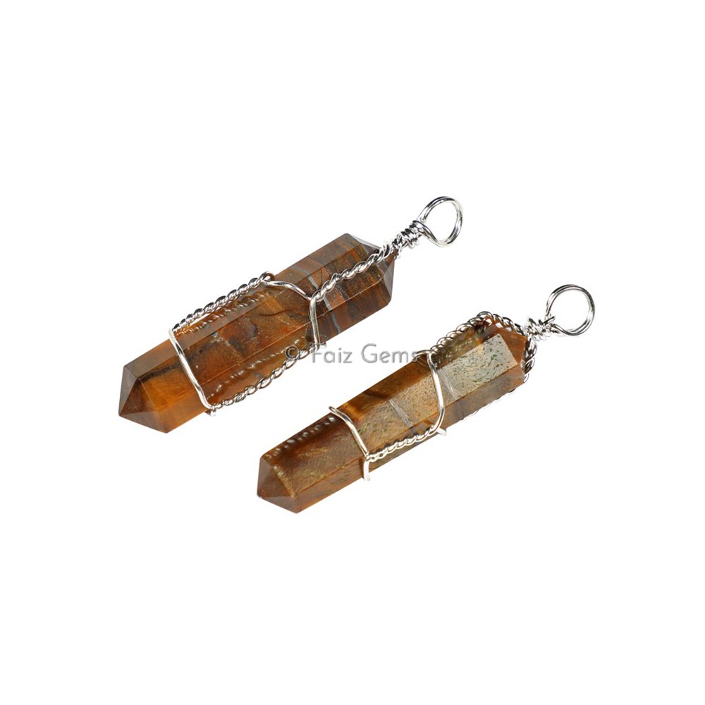 Tiger Eye double Terminated Wire Wrap Pencil Pendants