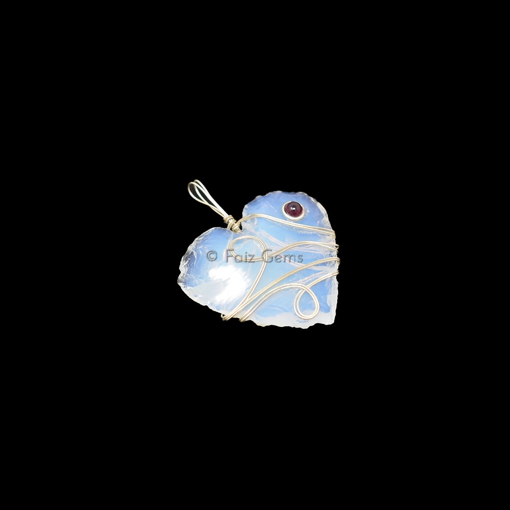 Opalite Heart Silver Wire Wrap Pendant