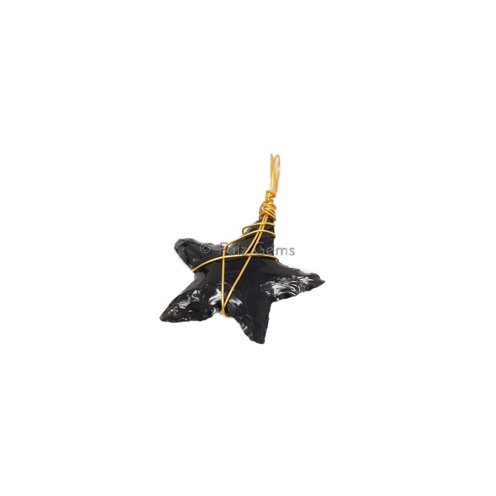 Black Obsidian Star Golden Wire Wrap Pendant