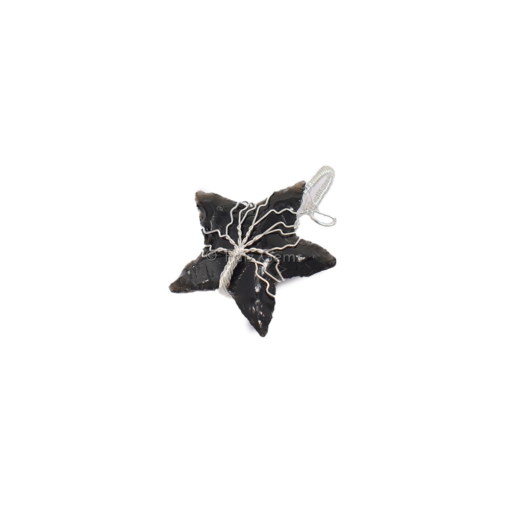 Black Obsidian Star Silver Tree Wire Wrap Pendant