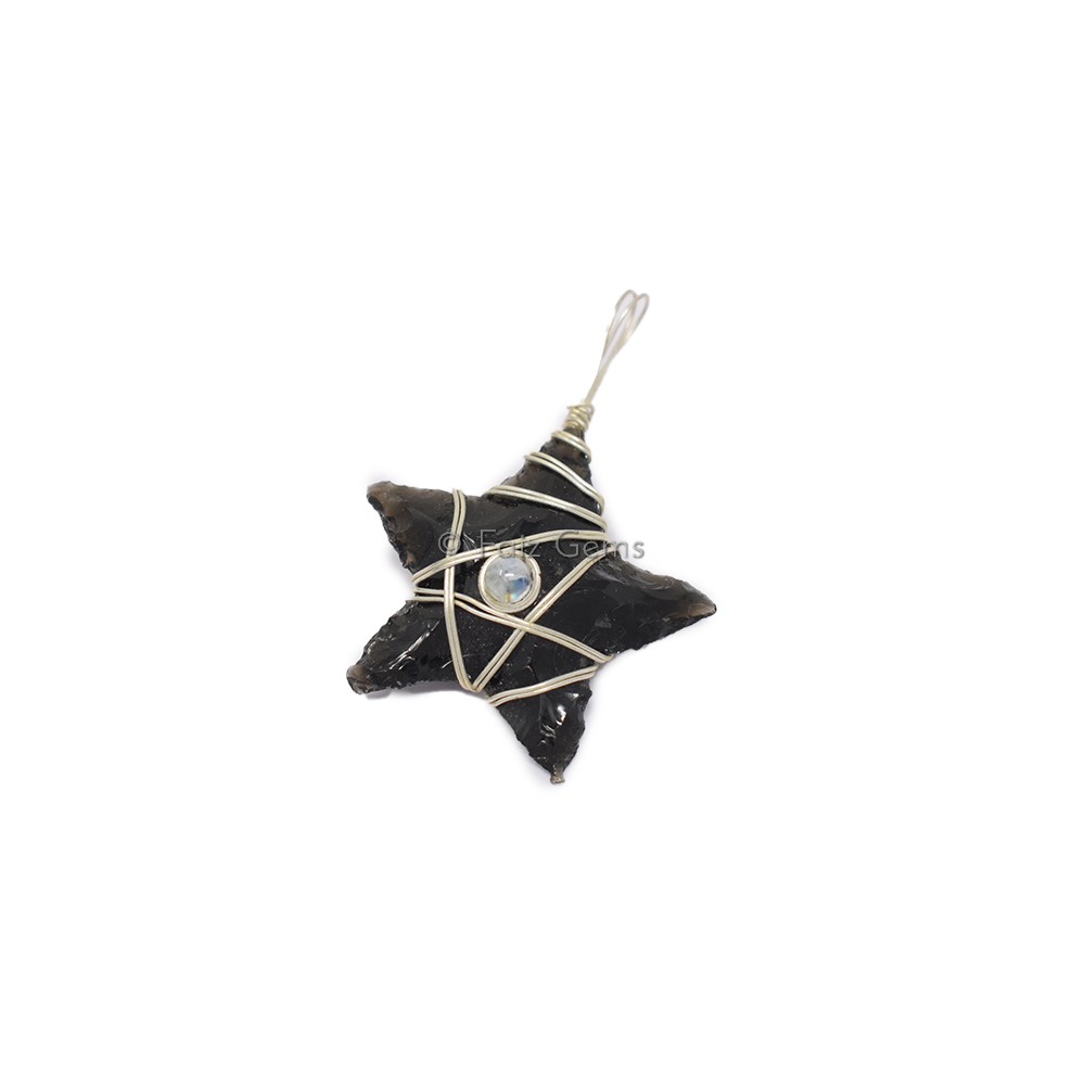 Black Obsidian Star Silver Wire Wrap Pendant
