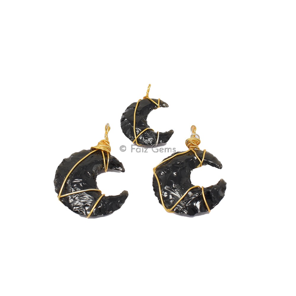 Black Obsidian Moon Golden Wire Wrap Pendant