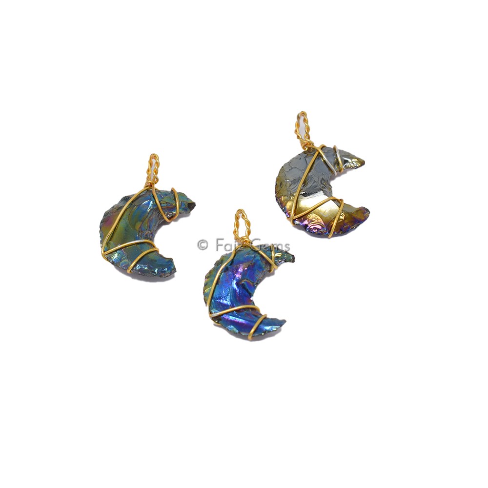 Rainbow Titanium Moon Golden Wire Wrap Pendant