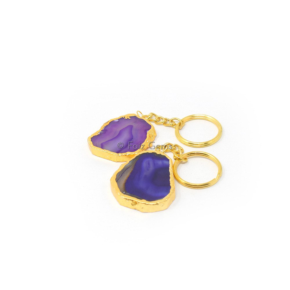 Purple Agate Onyx Keychain Gold Plated