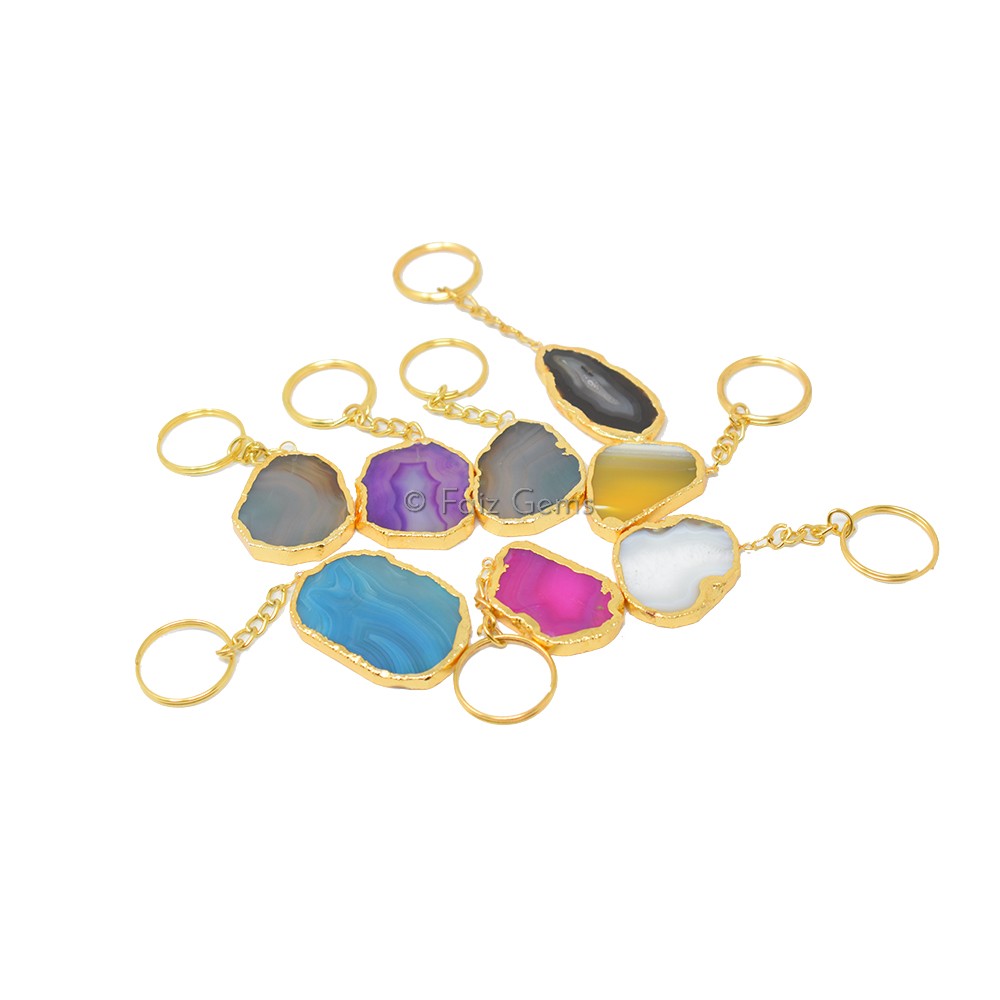 Mix Agate Keychain Gold Plated