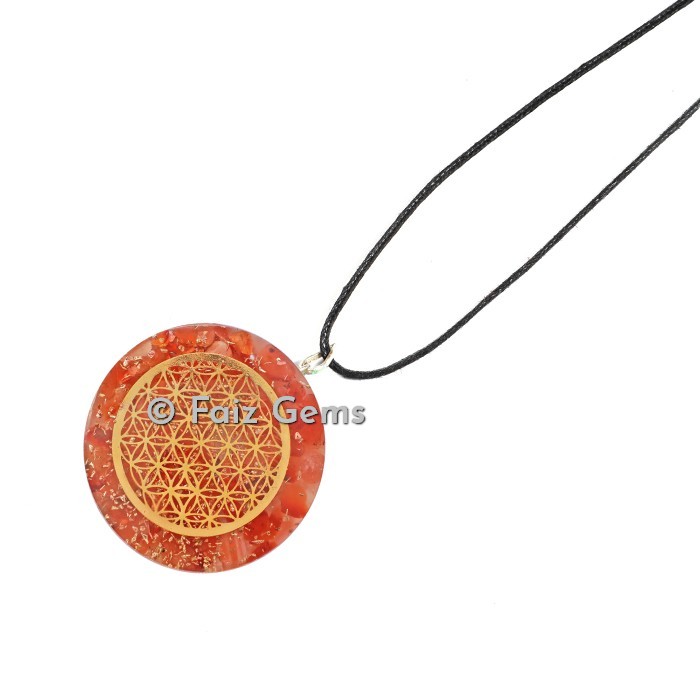 Carnelian With Flower Of Life Orgonite Disc Pendants