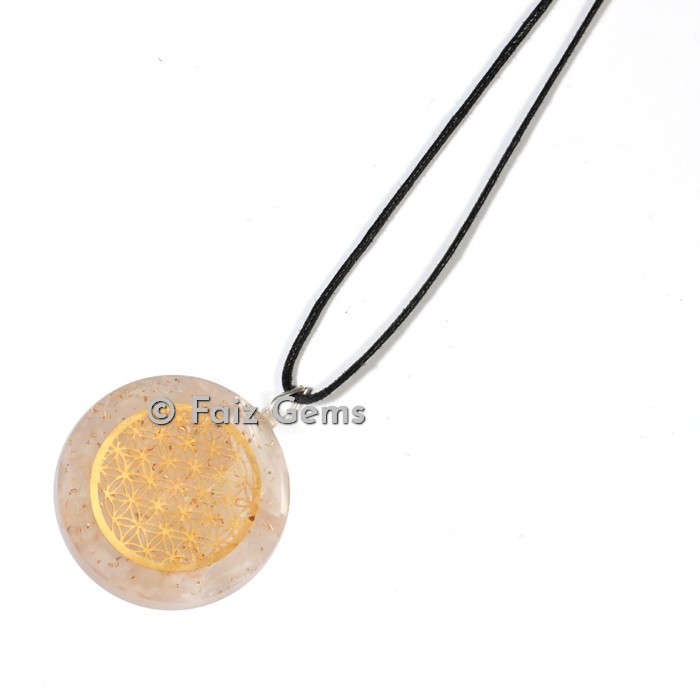 Crystal Quartz With Flower Of Life Orgonite Disc Pendants