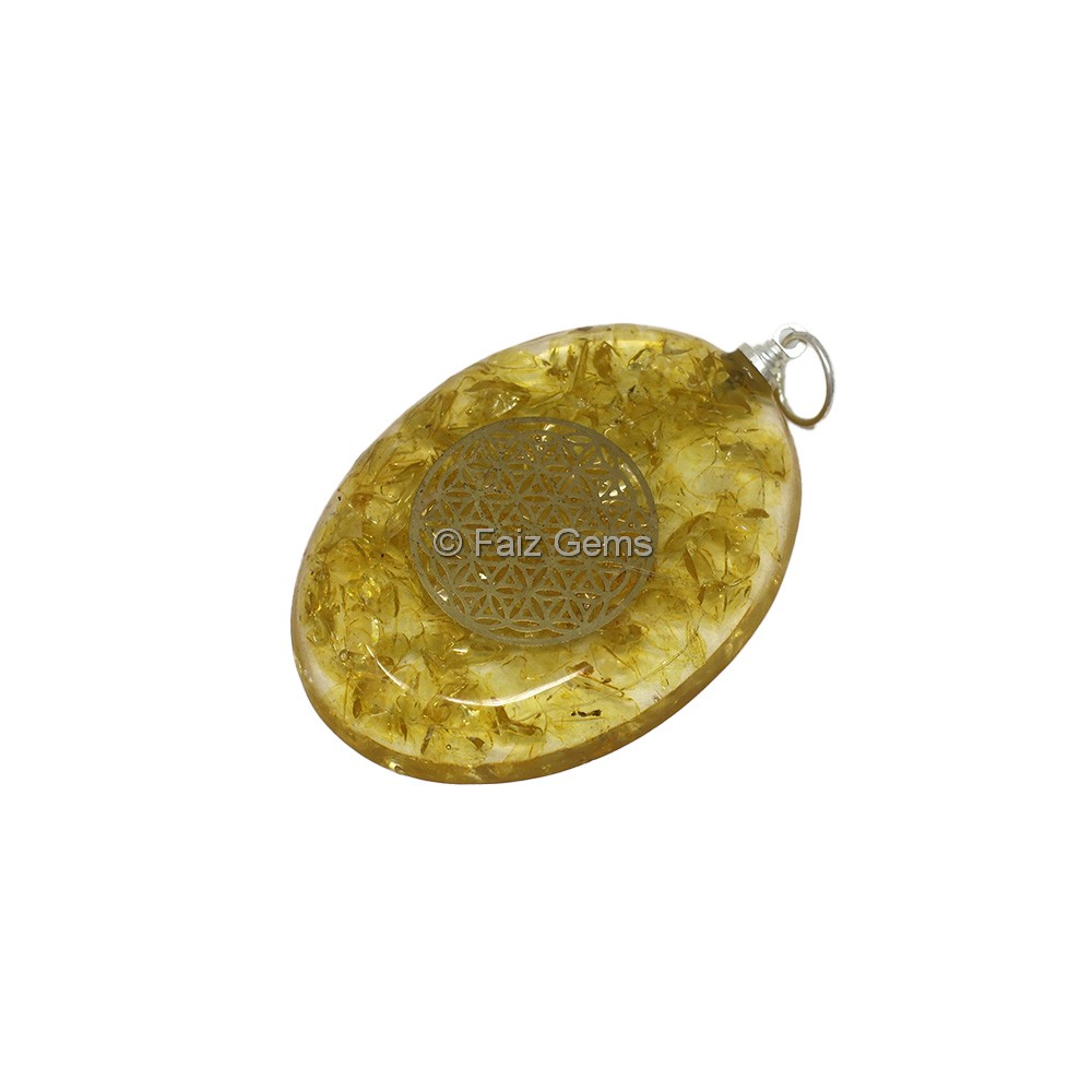 Citrine With Flower Of Life Oval Orgone Pendant
