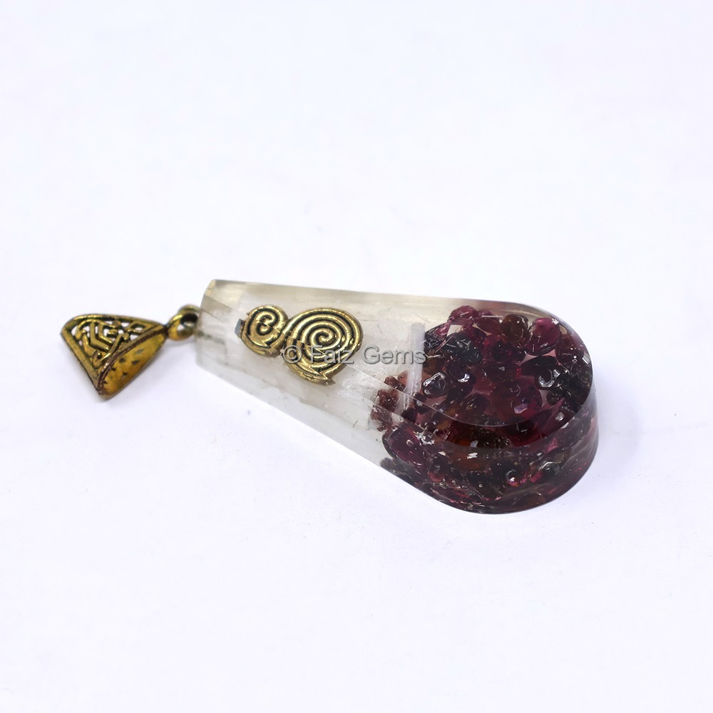 Garnet and Selenite Pear Shaped Orgone Pendant