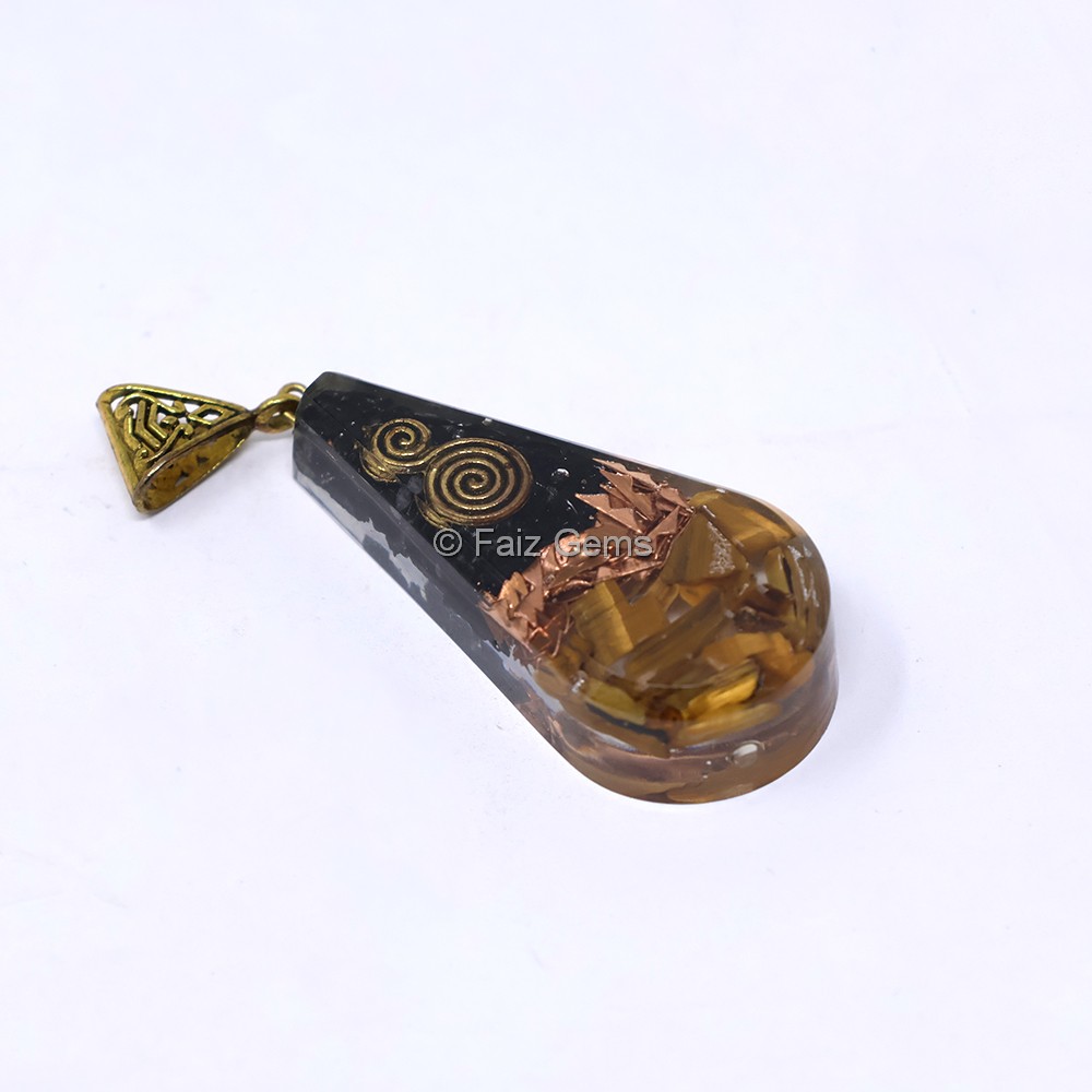 Black Tourmaline and Tiger Eye Pear Shaped Pendant