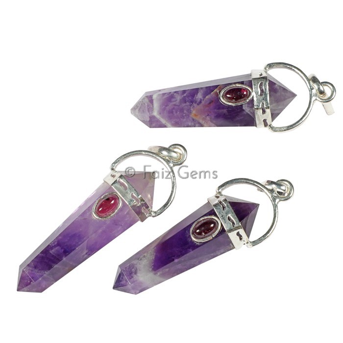 Amethyst with Garnet Pencil Cap Pendants