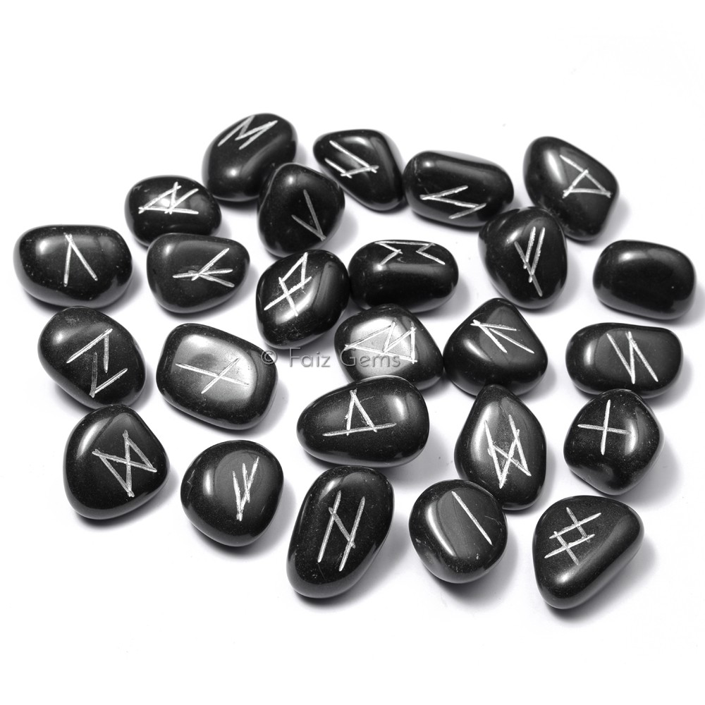 Black Agate Rune Set  Silver Carved