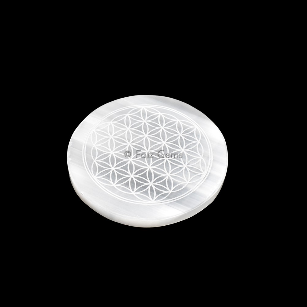 Selenite Plate With Flower Of Life Engraved