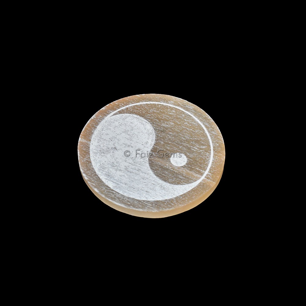 Orange Selenite Plate With Yin And Yang Engraved